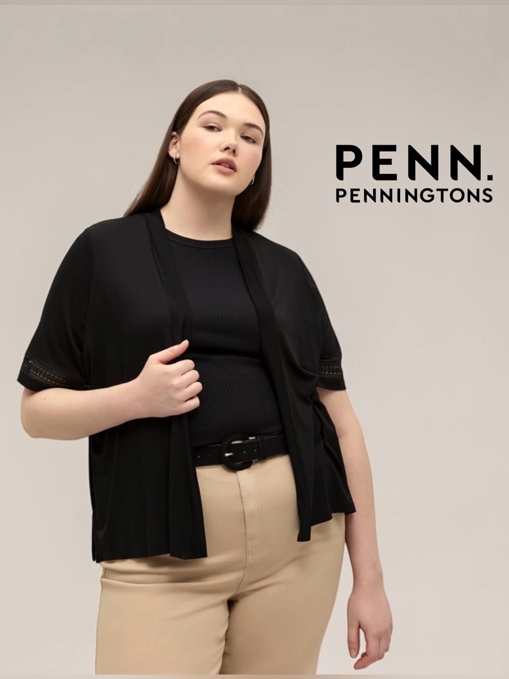 Penningtons, Plus Size 1X, Open Front Cardigan, Black Lace Trim